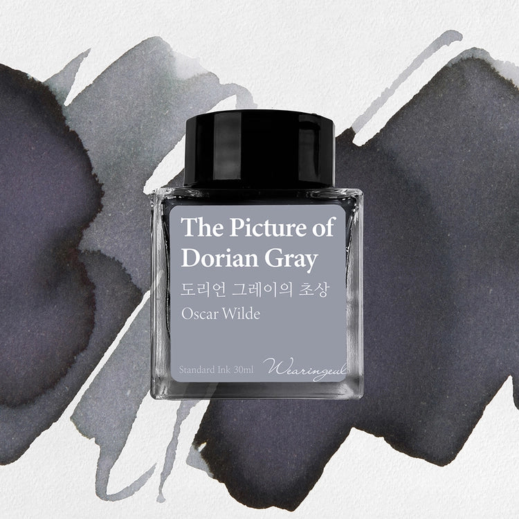 Wearingeul The Picture of Dorian Gray fountain pen ink bottle with dove gray ink swatch background