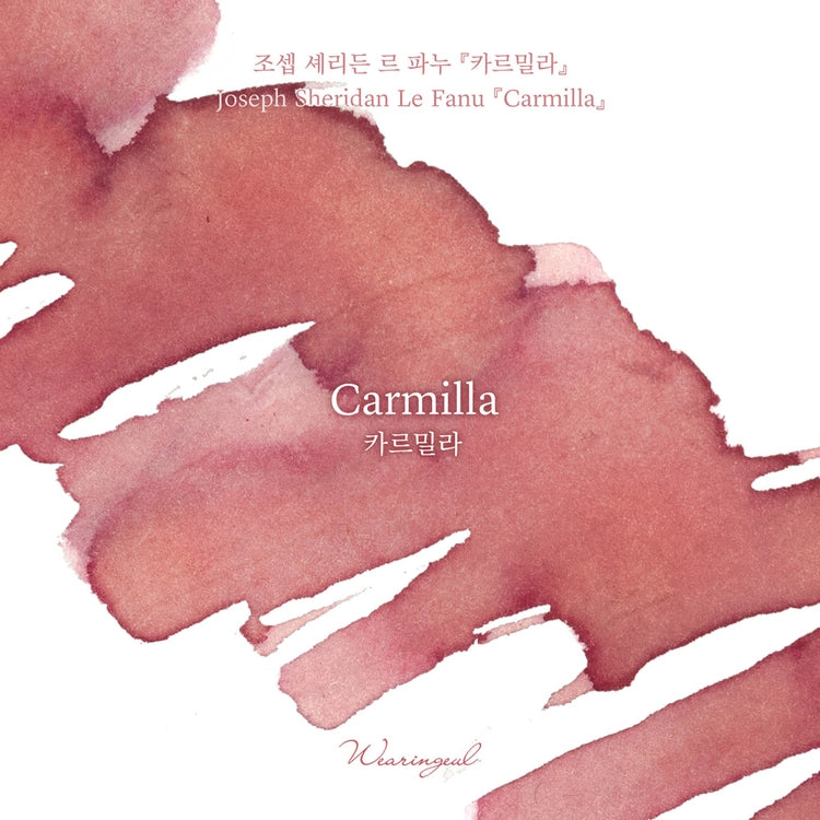 Wearingeul Carmilla fountain pen ink swatch showing faded rose red with yellow shading