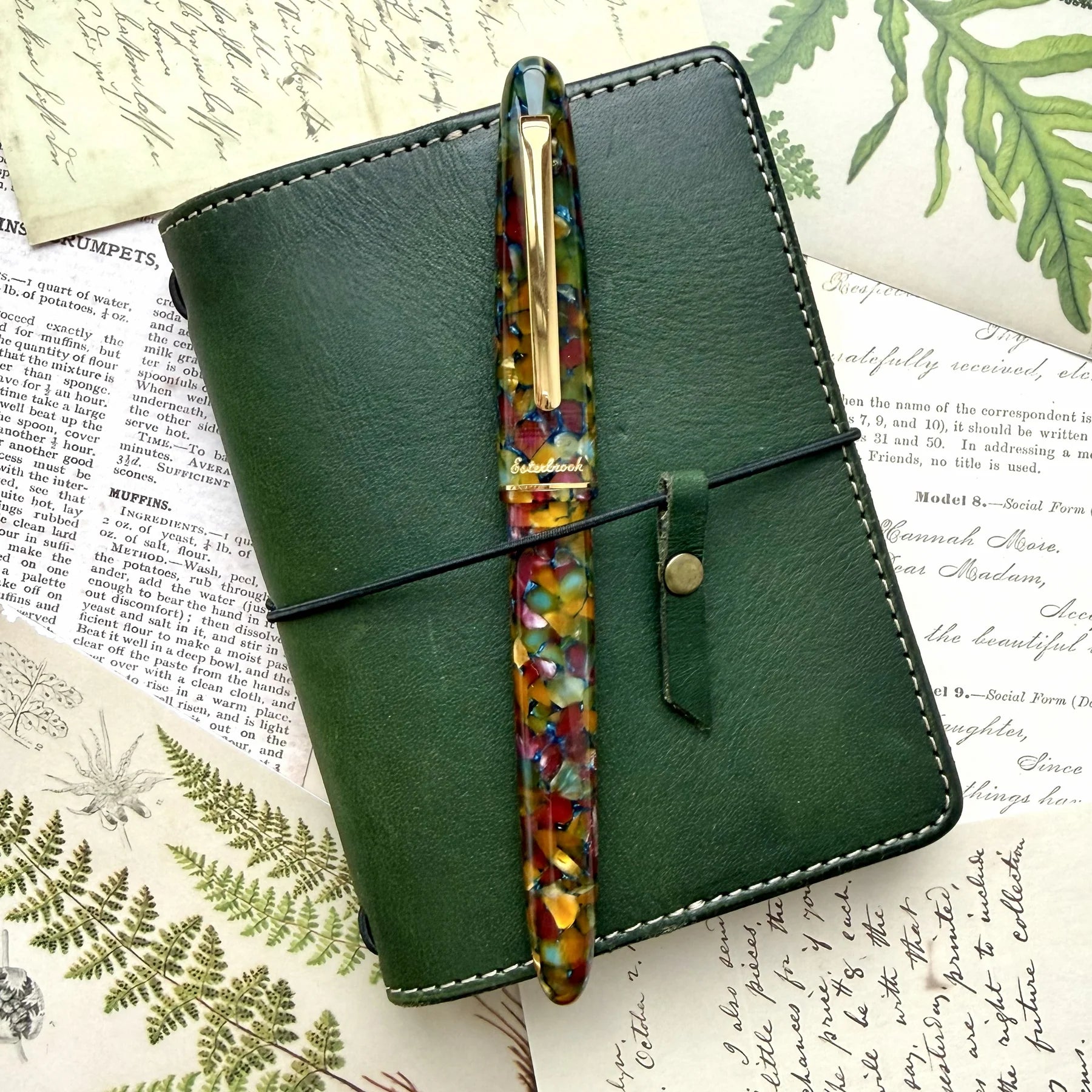 Esterbrook Estie Botanical Gardens fountain pen clipped to a green leather journal cover