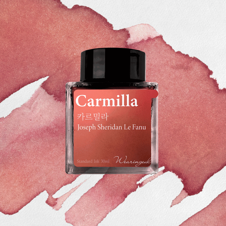 Wearingeul Carmilla fountain pen ink bottle with faded rose red ink swatch background, animated