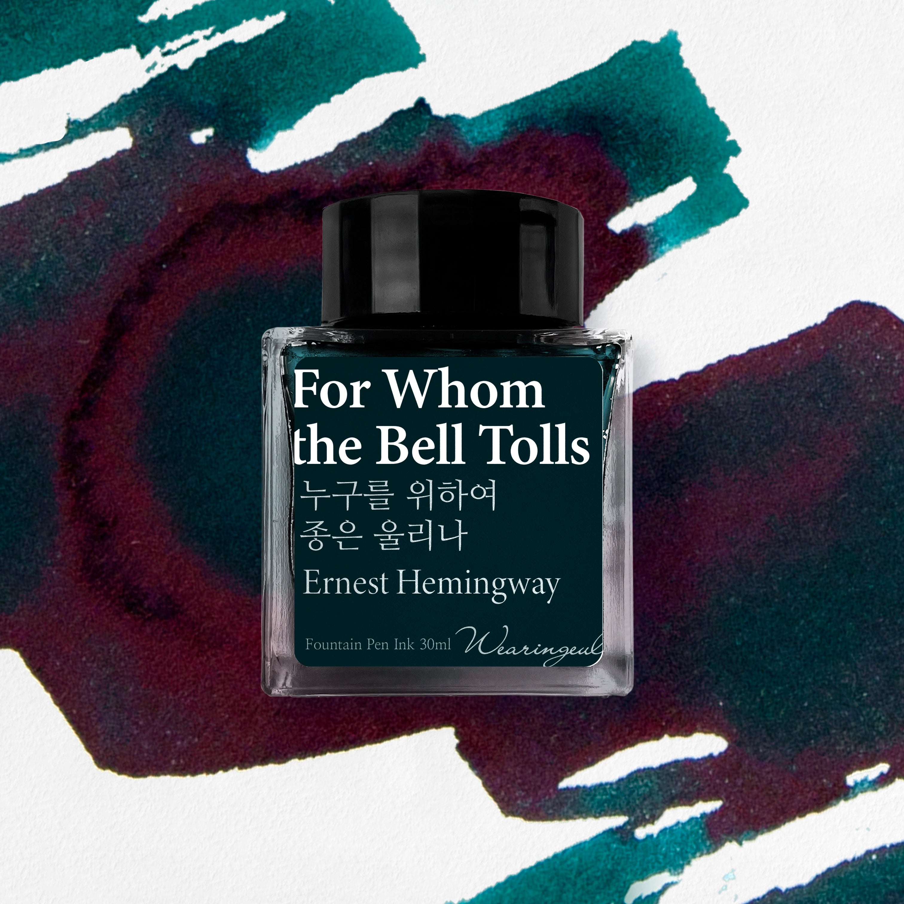 Wearingeul For Whom the Bell Tolls fountain pen ink bottle with bluish green ink swatch background