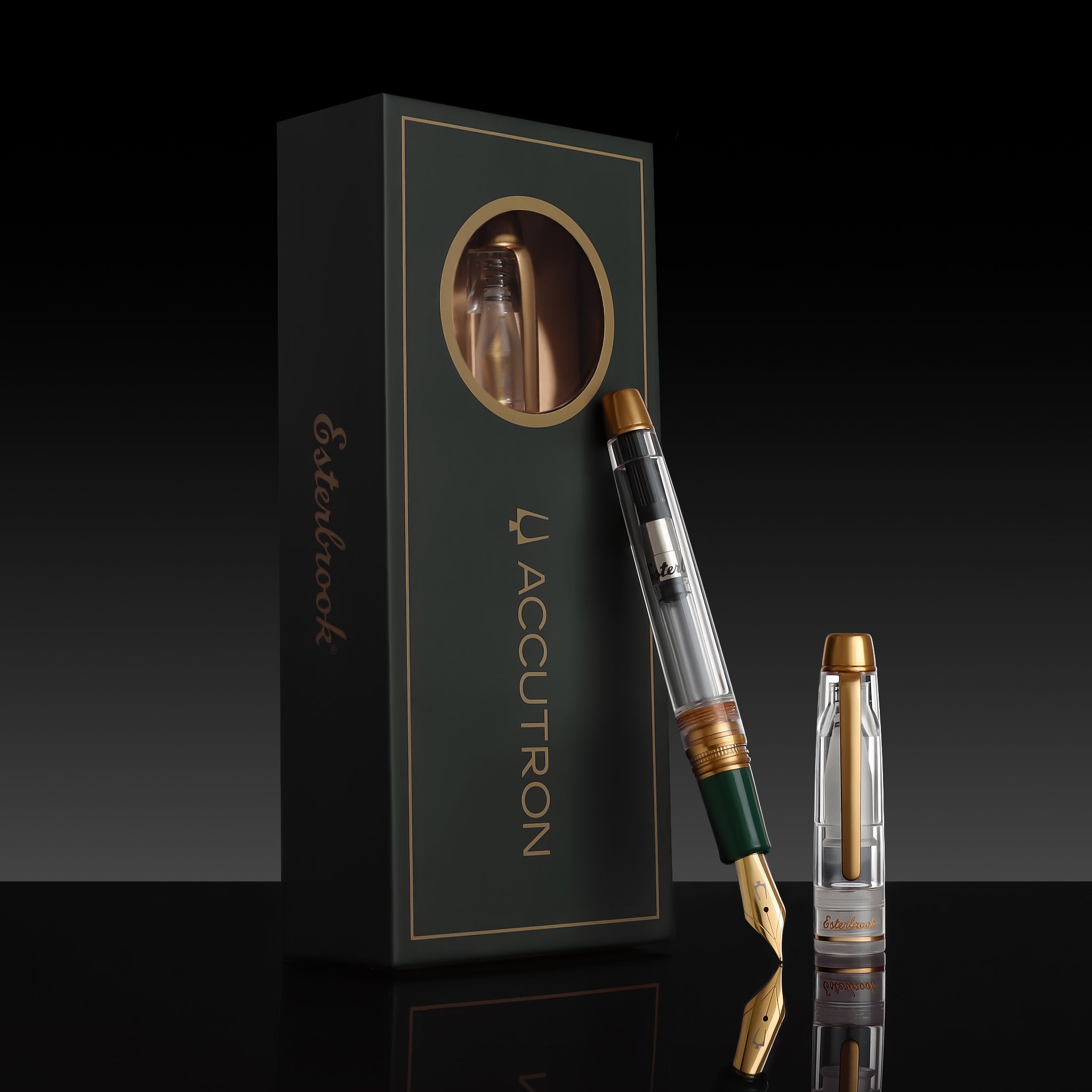 Esterbrook x Accutron Spaceview Estie fountain pen beside its cobranded Accutron presentation box with a window