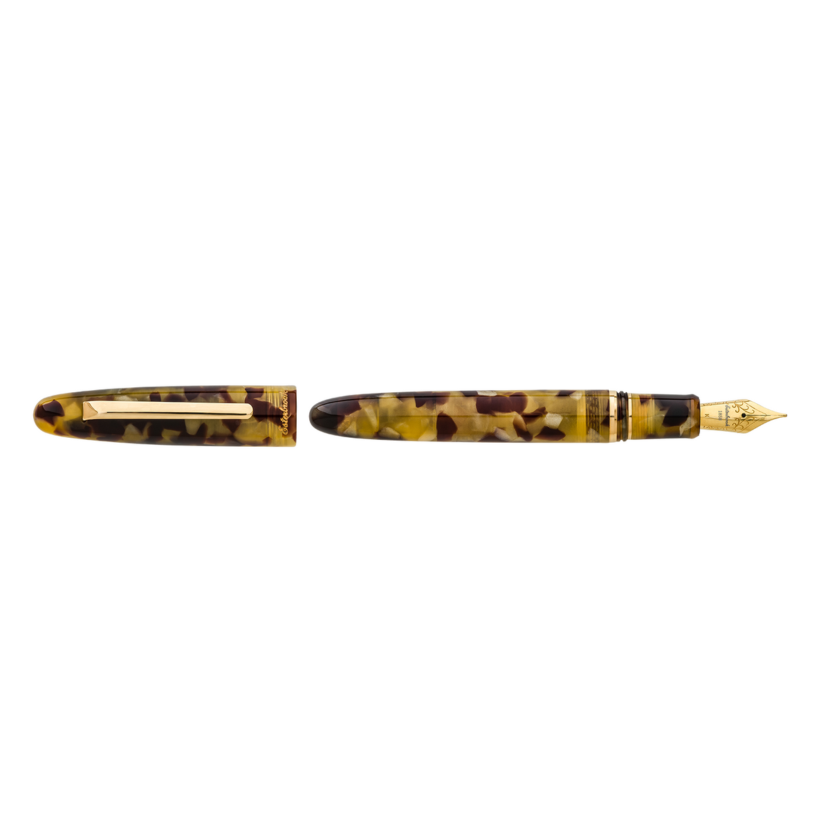 Esterbrook Estie Tortoise fountain pen with gold trim, uncapped, showing the steel nib
