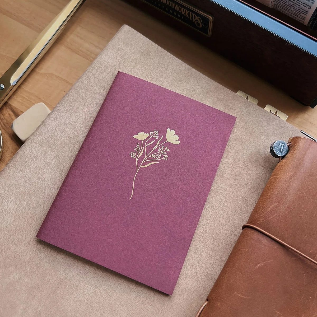 Sarica Studio Floral Notebook, passport TN size, bordeaux cover with a gold debossed floral design