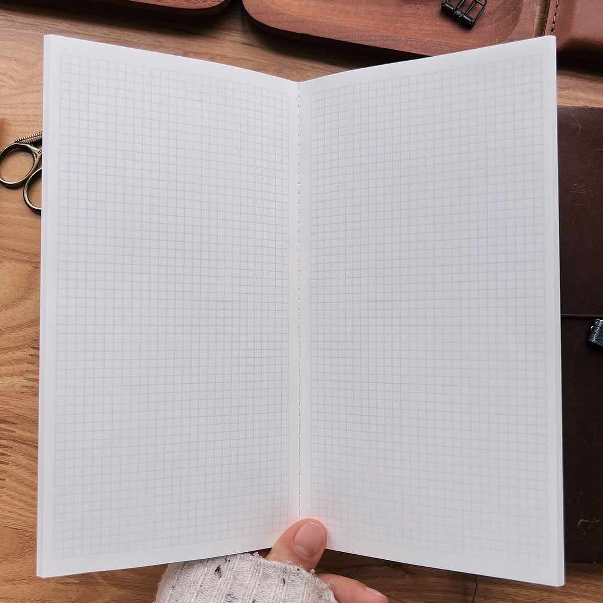 Sarica Studio Floral Notebook, standard TN size, open to show the 3.5mm light gray grid on Tomoe River paper