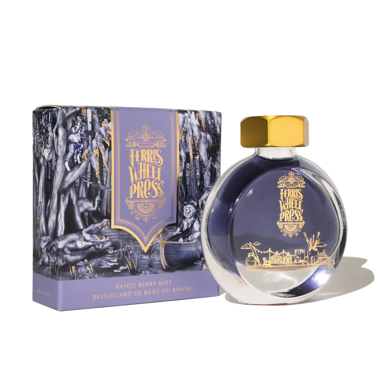 Clear bottle of purple ink and packaging of Ferris Wheel Press on a white background