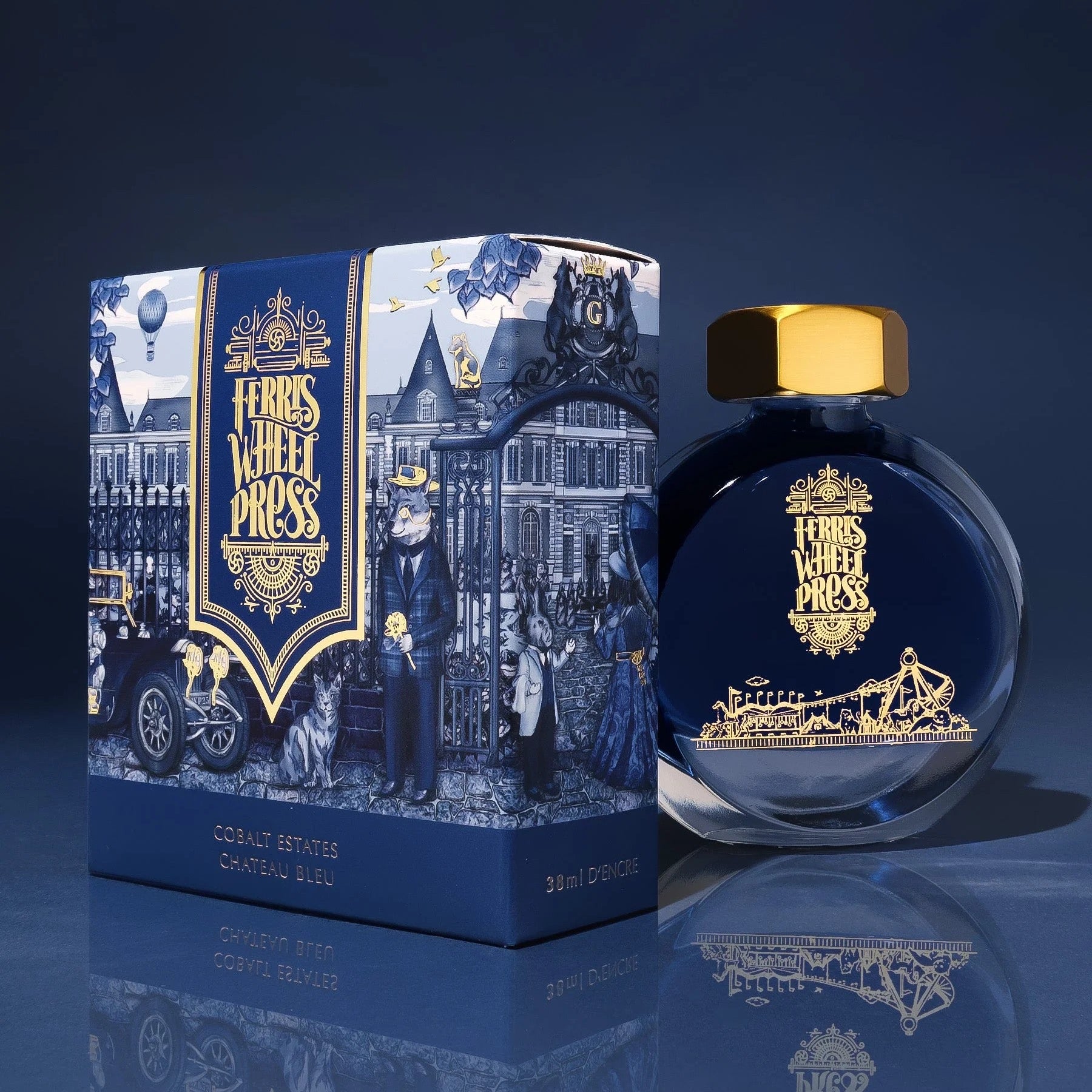 Ferris Wheel Press bottle containing navy blue ink and packaging on a reflective surface with a dark background