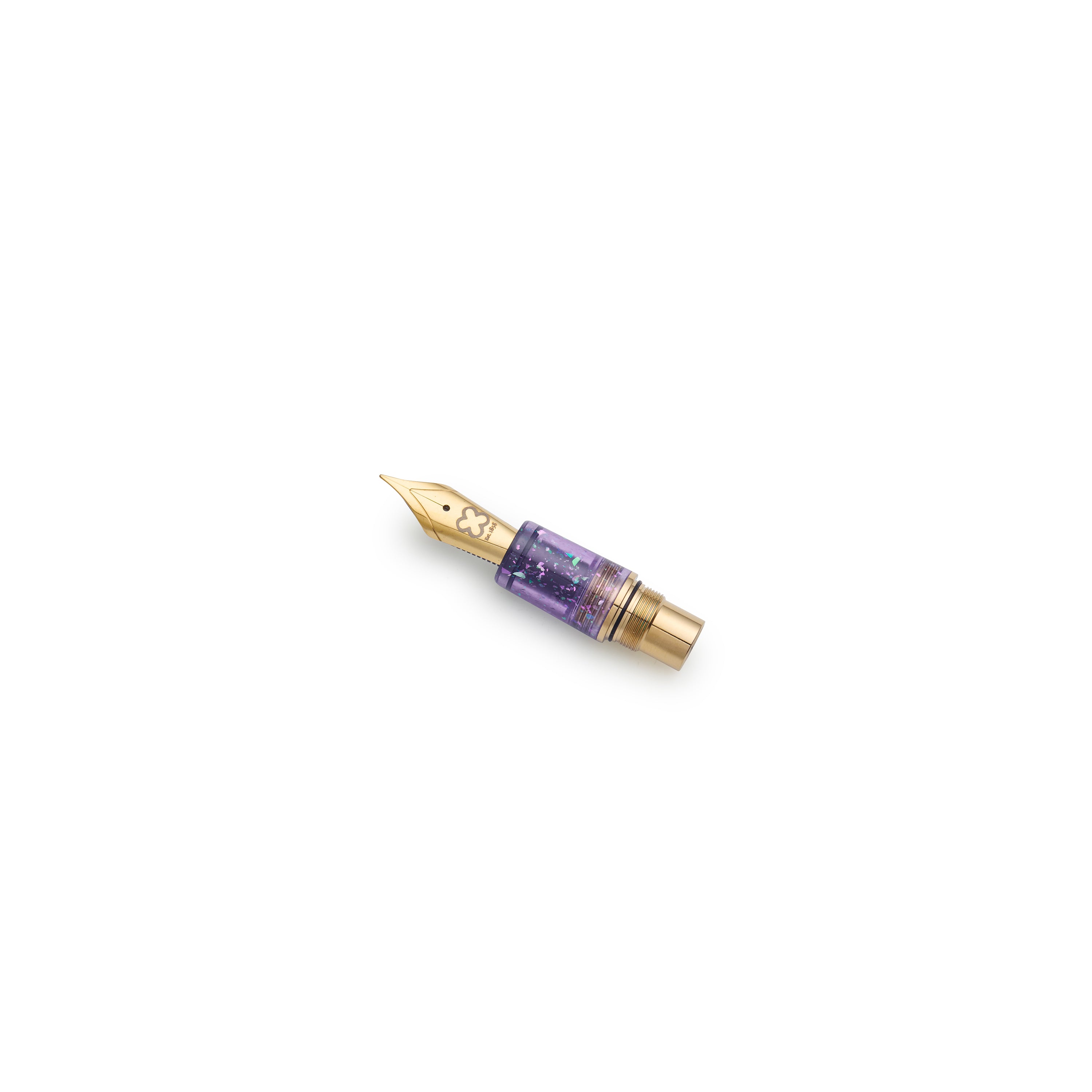 Close-up of Esterbrook x Sakuradragon Sakura Street Estie fountain pen nib and section showing gold-plated nib and etched clover logo