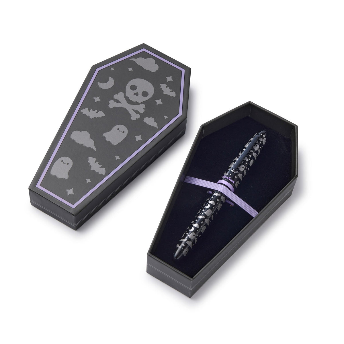 Sweetly Haunted Estie fountain pen in its black coffin-shaped gift box with a skull, ghosts and bats on the lid