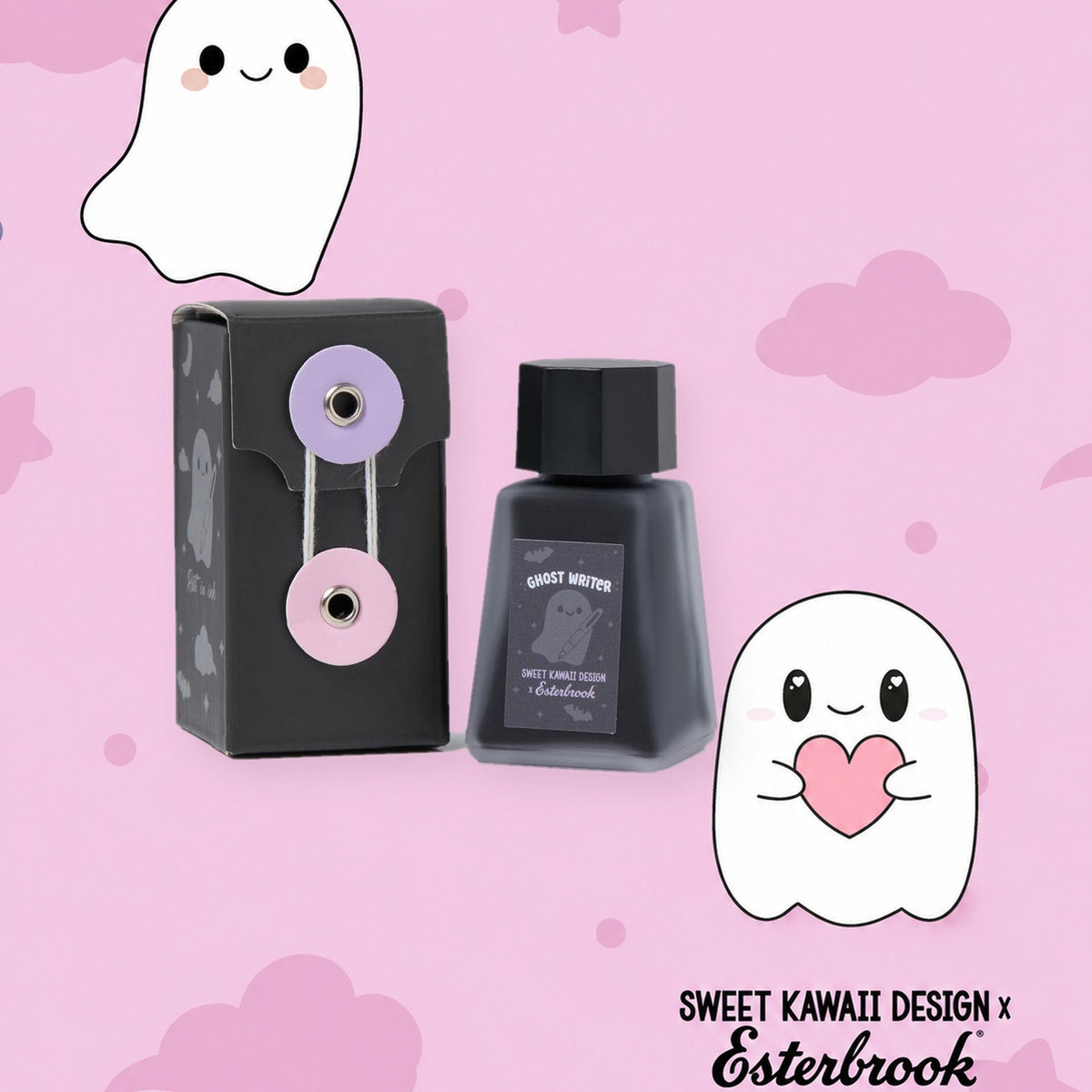 Esterbrook Ghost Writer purple shimmer fountain pen ink with its black gift box on a pink Pastel Halloween ghost background