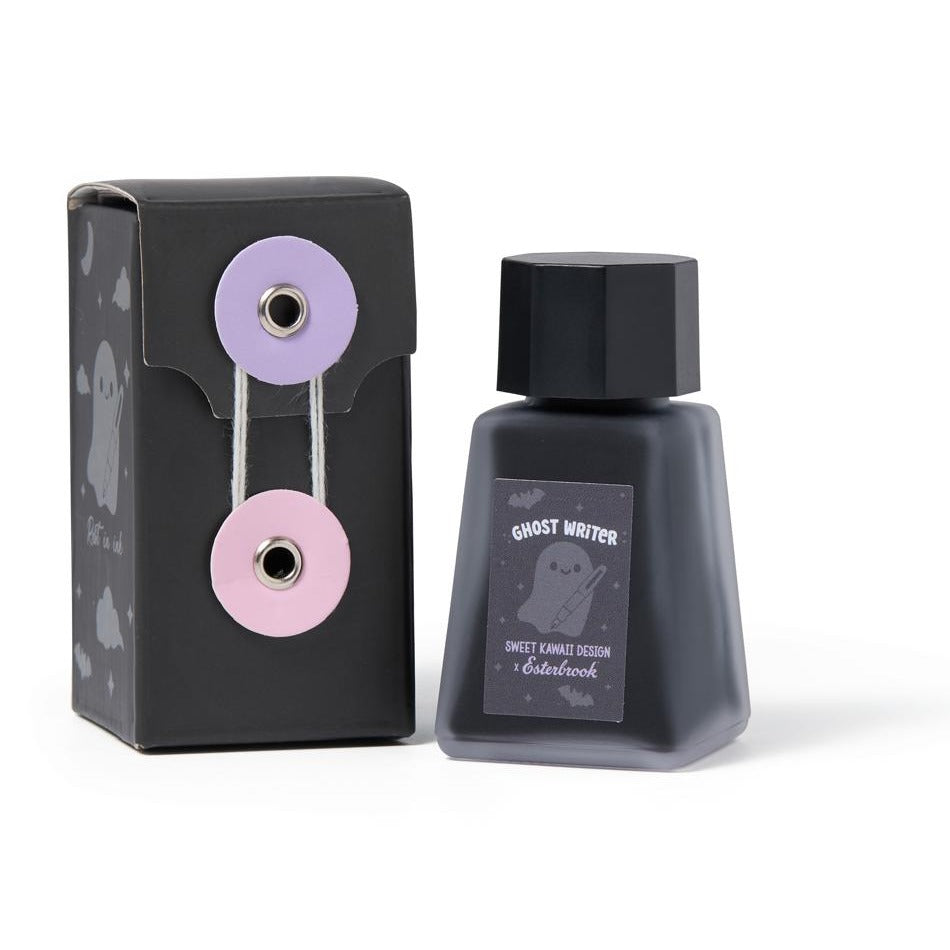 Esterbrook Ghost Writer purple shimmer fountain pen ink beside its black Pastel Halloween gift box with lavender and pink button closures