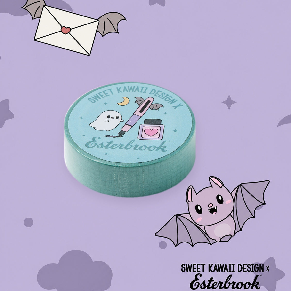 Esterbrook x Sweet Kawaii Design Ghosty Grid mint green washi tape on a purple Pastel Halloween bat background