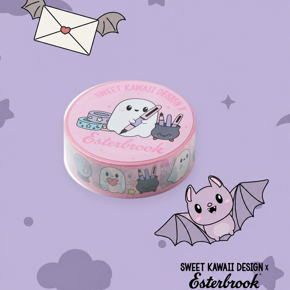 Esterbrook x Sweet Kawaii Design Little Boo Thing pink ghosts washi tape on a purple Pastel Halloween bat background