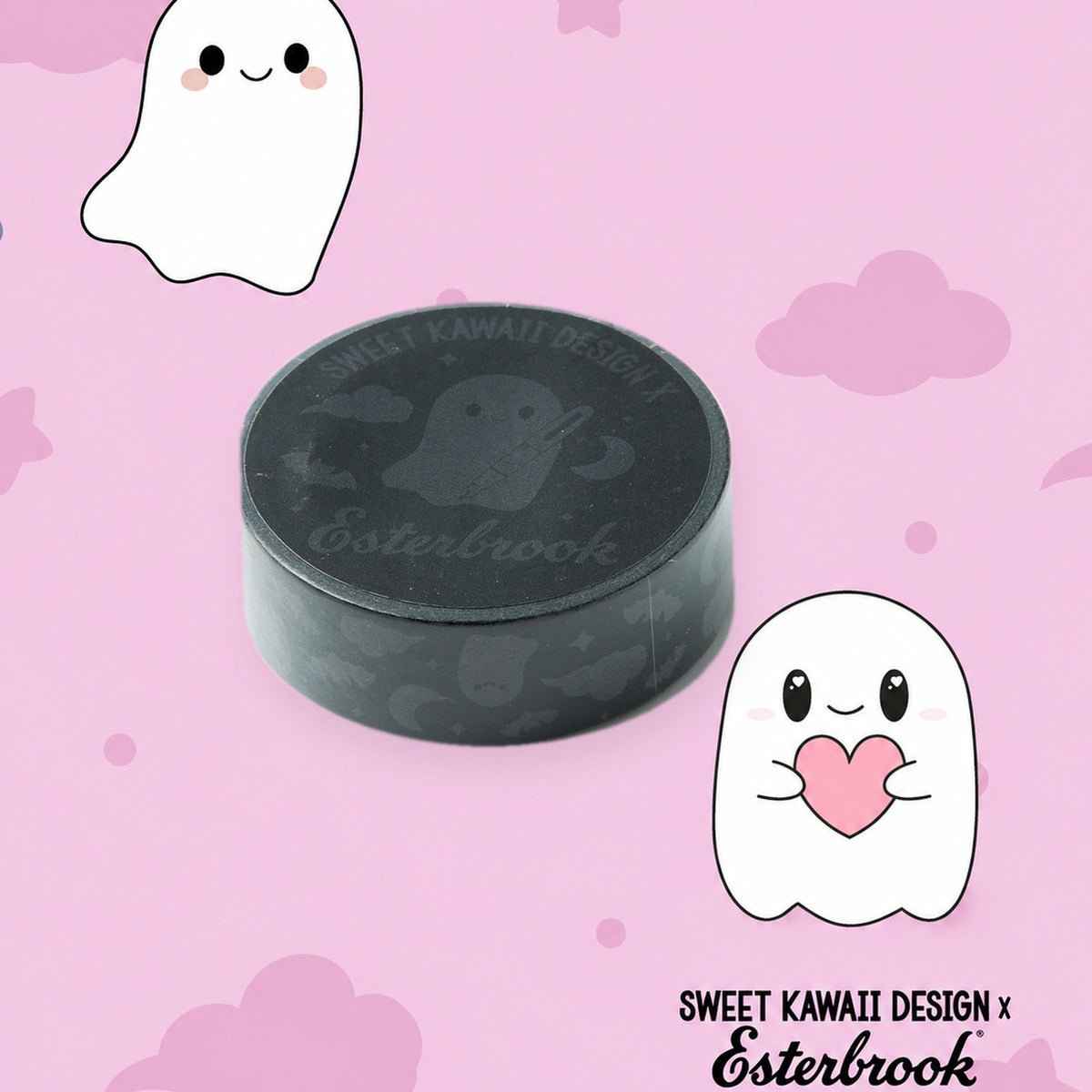 Esterbrook x Sweet Kawaii Design Sweetly Haunted black ghosts washi tape on a pink Pastel Halloween ghost background
