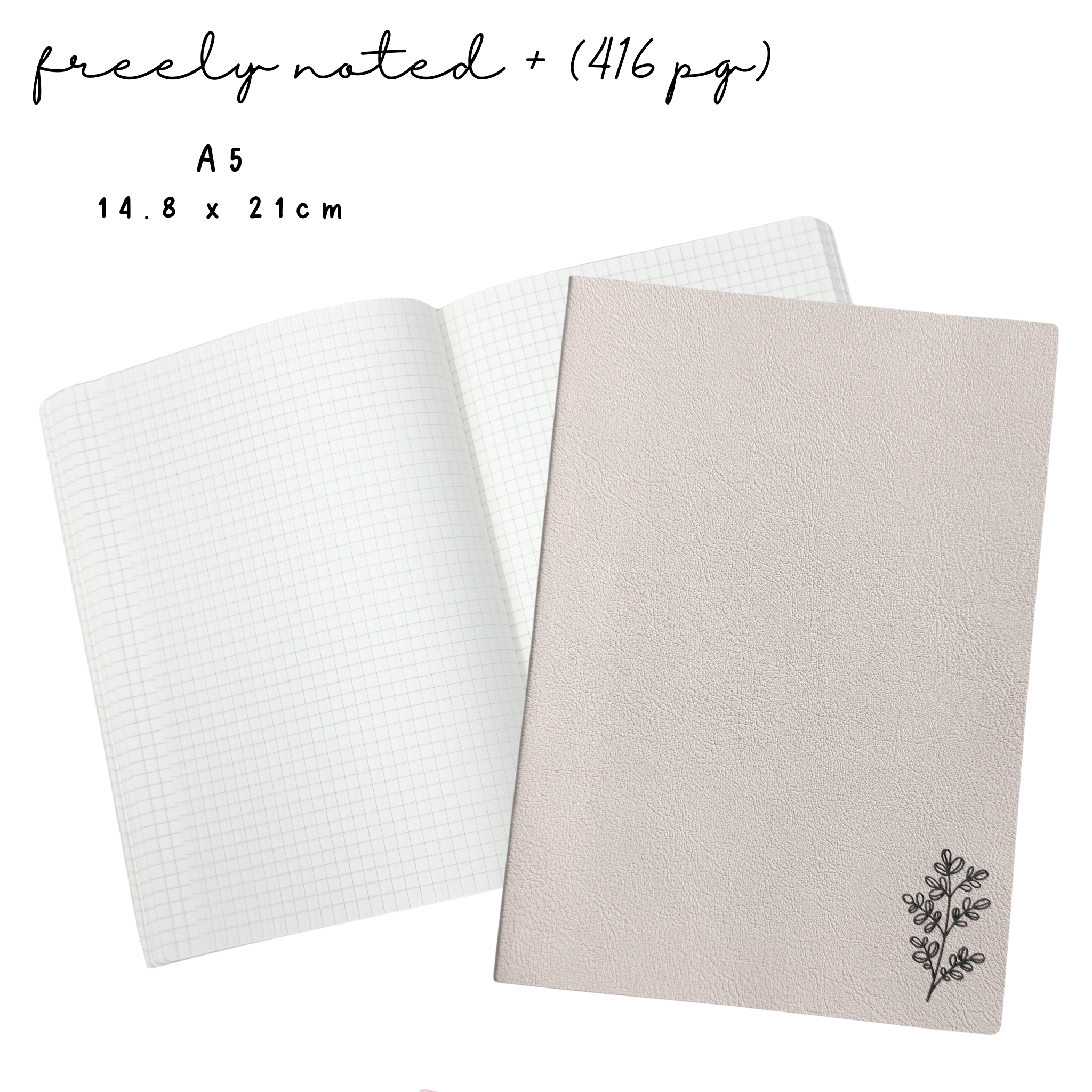 Planner Monkey Co Freely Noted A5 notebook in blush pink shown beside its open grid pages, marked A5 14.8 x 21cm and 416 pages