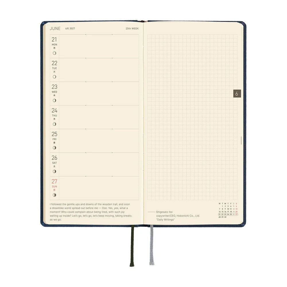 Hobonichi Techo 2027 Weeks planner interior — weekly spread with dated days and moon phases down the left page and a full 3.55 mm grid page on the right