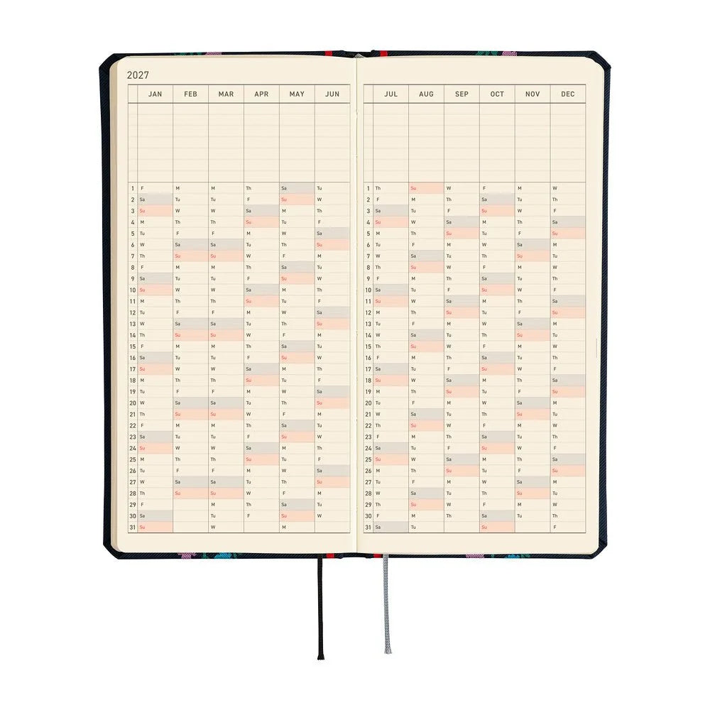 Hobonichi Techo 2027 Weeks planner interior — the 2027 yearly index spread, January through December, on cream Tomoe River paper