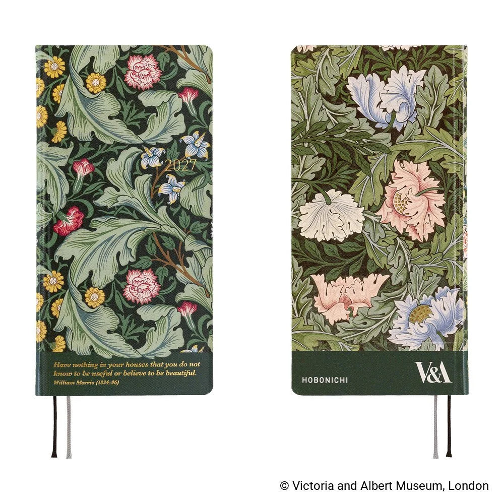 Hobonichi Techo 2027 Weeks planner, V&A Series Leicester — front and back covers side by side, Dearle's Leicester pattern and William Morris's Wreath in deep green
