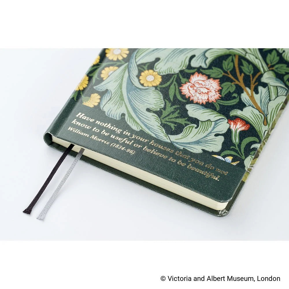 Close-up of the Hobonichi Techo 2027 Weeks V&A Leicester cover, showing the stylized leaves and flowers of the Arts and Crafts wallpaper in dark green
