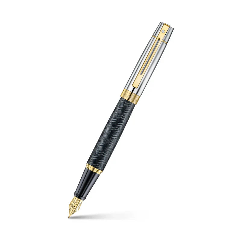 Sheaffer 300 Engraved Matte Black fountain pen with chrome cap and gold trim
