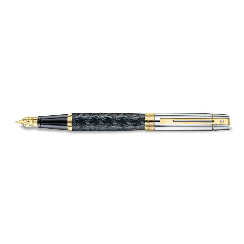 Sheaffer 300 Engraved Matte Black fountain pen with chrome cap and gold trim
