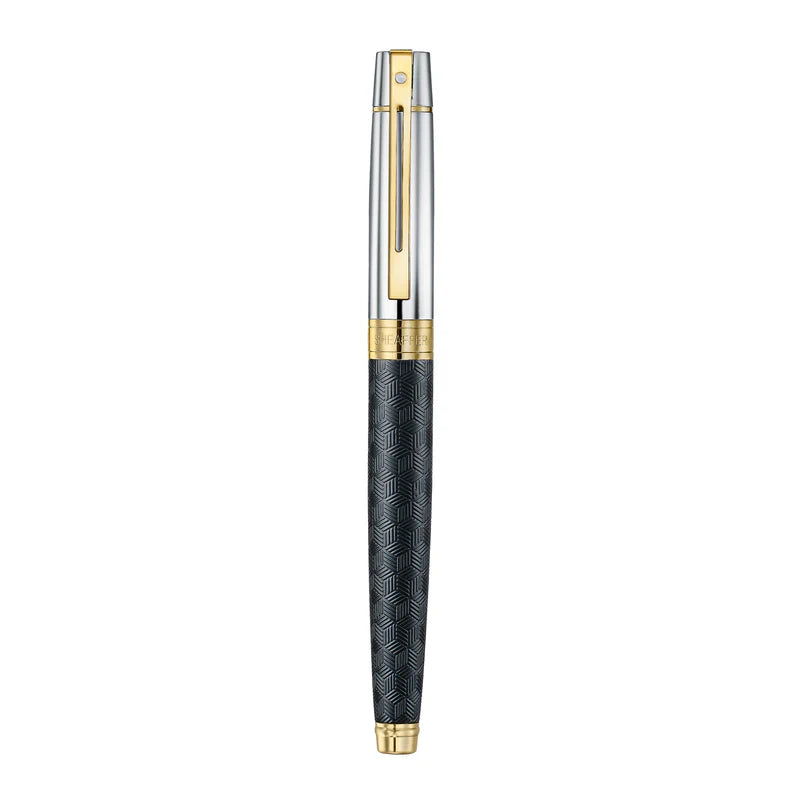 Sheaffer 300 Engraved Matte Black fountain pen with chrome cap and gold trim