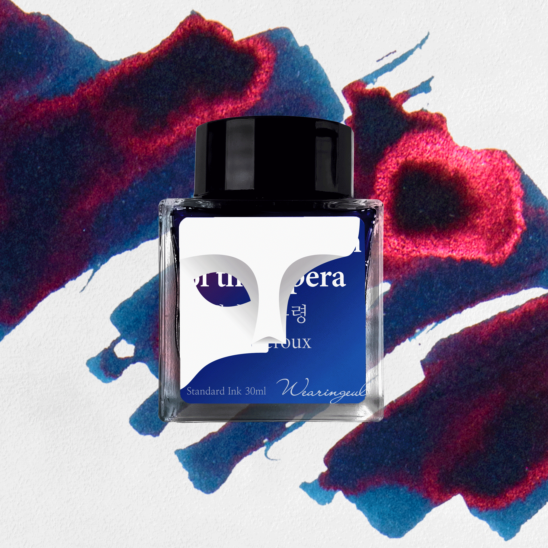 Wearingeul Phantom of the Opera fountain pen ink bottle with dark blue and red ink swatch background, animated
