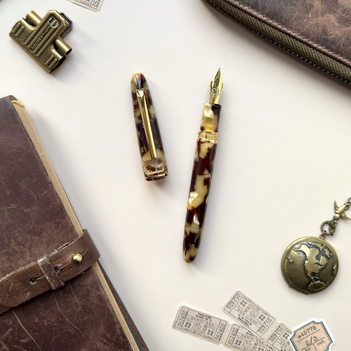 Tortoiseshell acrylic of the Esterbrook Estie Tortoise fountain pen with gold trim