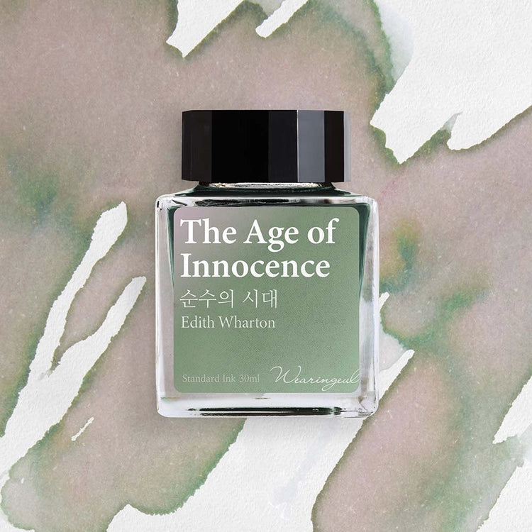 Wearingeul The Age of Innocence fountain pen ink bottle with sage green ink swatch background