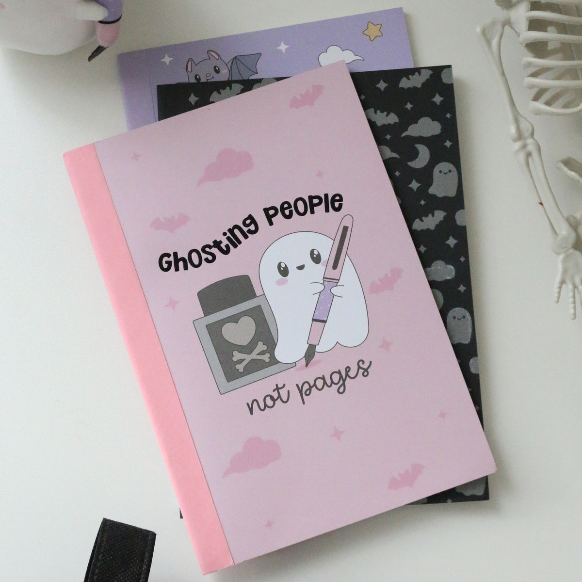 All three Pastel Halloween A5 notebooks in purple, pink and black from the Esterbrook x Sweet Kawaii Design set
