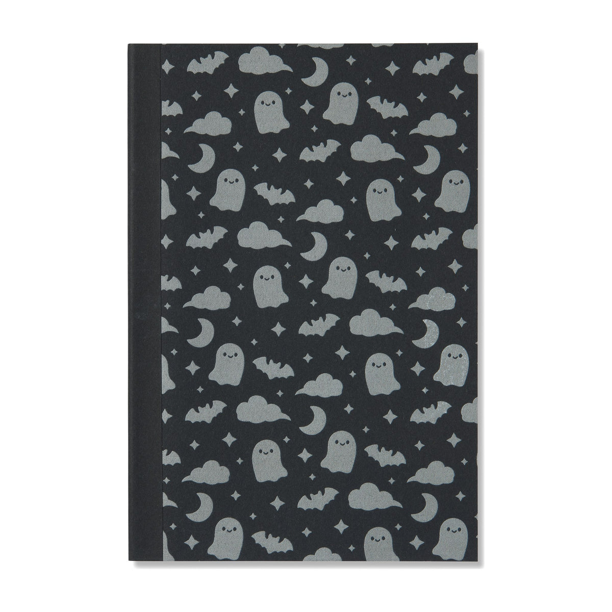 Black lined A5 notebook cover with bat, ghost, star and cloud silhouettes, from the Pastel Halloween notebook set