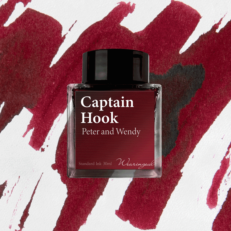 Wearingeul Captain Hook fountain pen ink bottle with blood red ink swatch background, animated