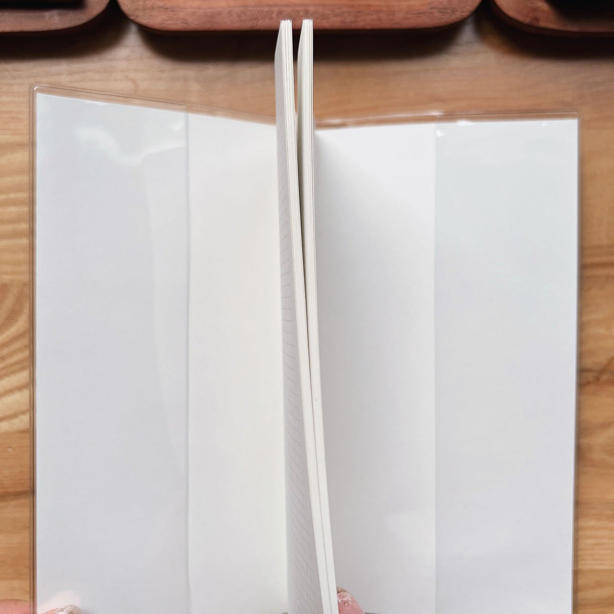 Sarica Studio clear cover for standard Traveler's Notebook, opened to show the inside flaps