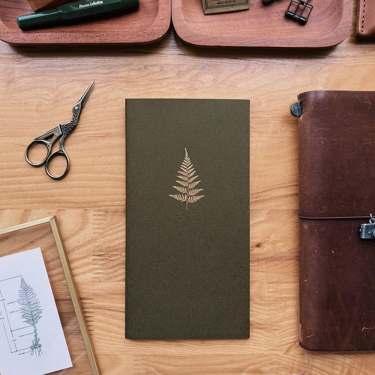 Sarica Studio Fern Notebook, standard TN size, forest green cover with a gold debossed fern, on a wooden desk
