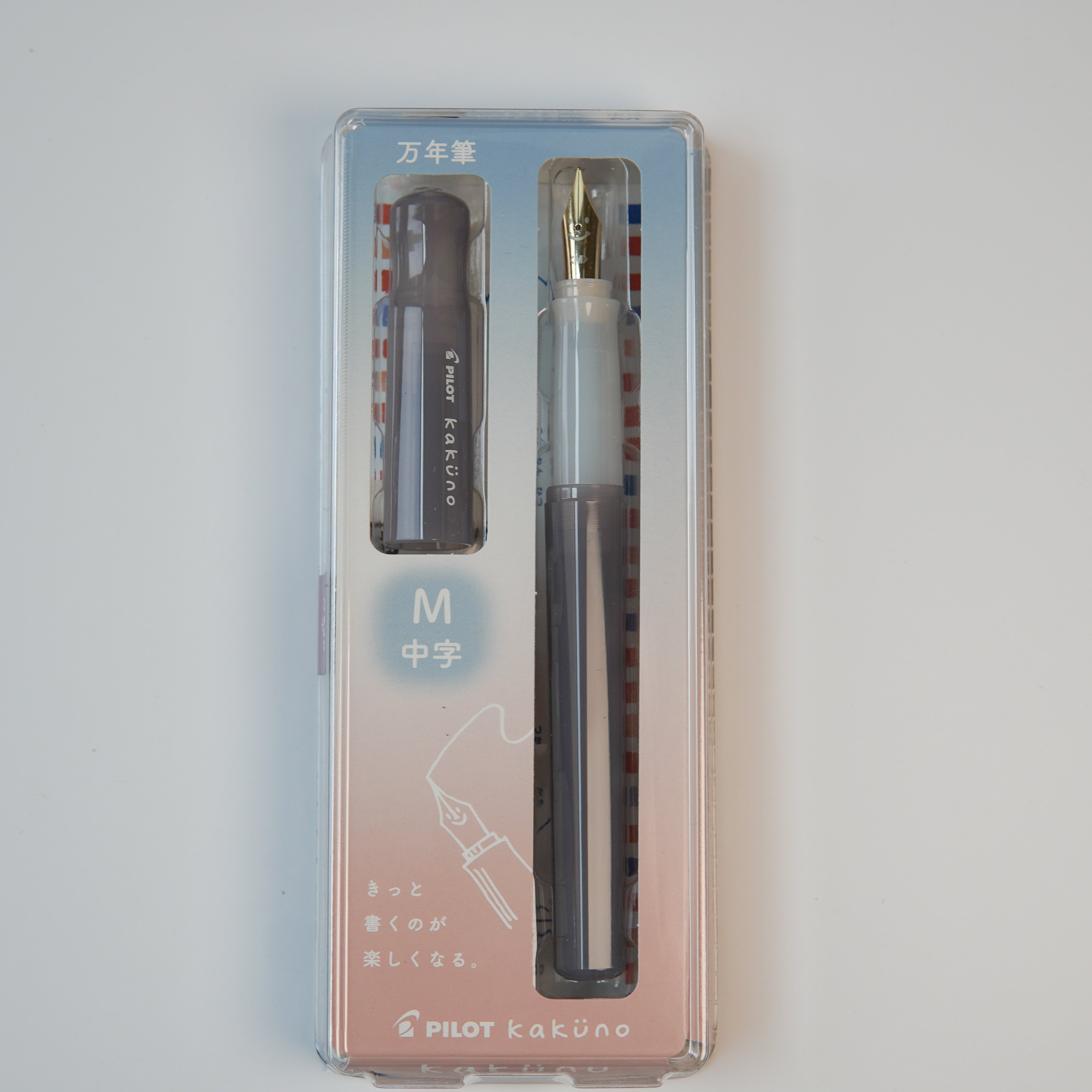 Pilot Kakuno Madoromi fountain pen in soft pastel grey with gold-toned medium nib