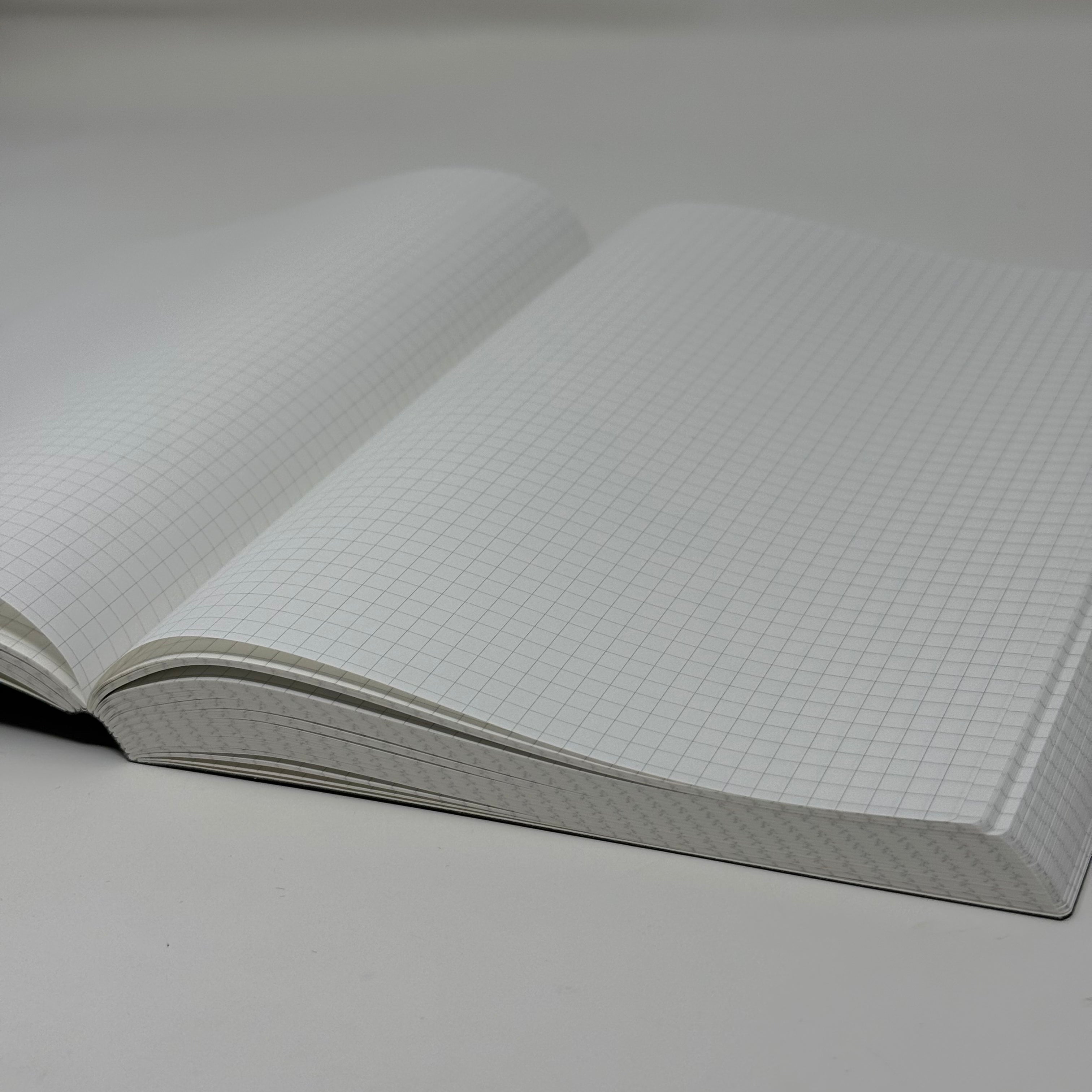 Freely Noted A5 notebook lying open and flat, showing the grid ruling across both pages of 52gsm Tomoe River paper