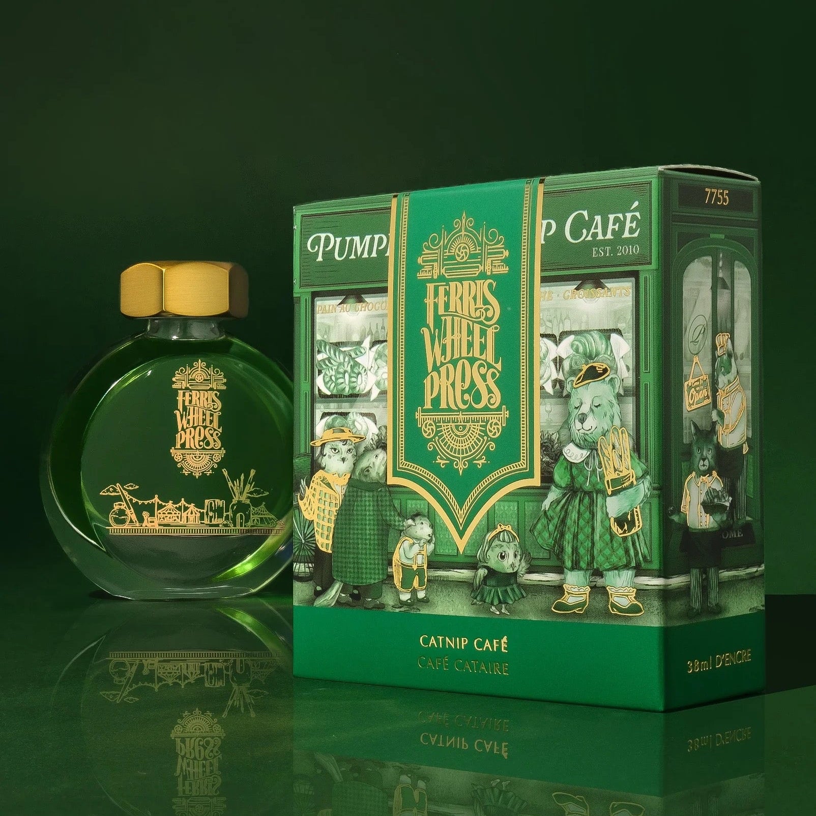 Clear bottle of green ink and packaging with 'Catnip Cafe' branding on a dark green background