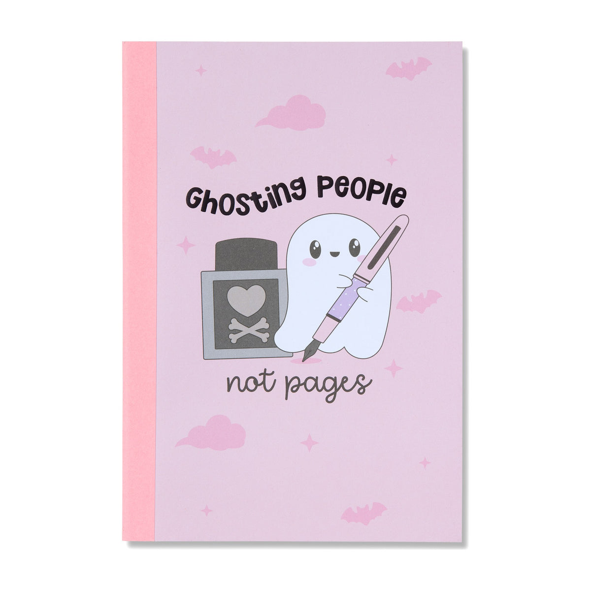Pink blank A5 notebook cover with a ghost and the words Ghosting people, Note pages, from the Pastel Halloween notebook set