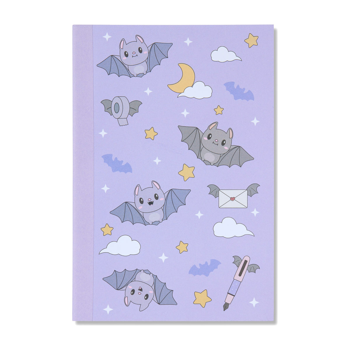Pastel purple grid A5 notebook cover with bats, clouds and stationery, from the Pastel Halloween notebook set