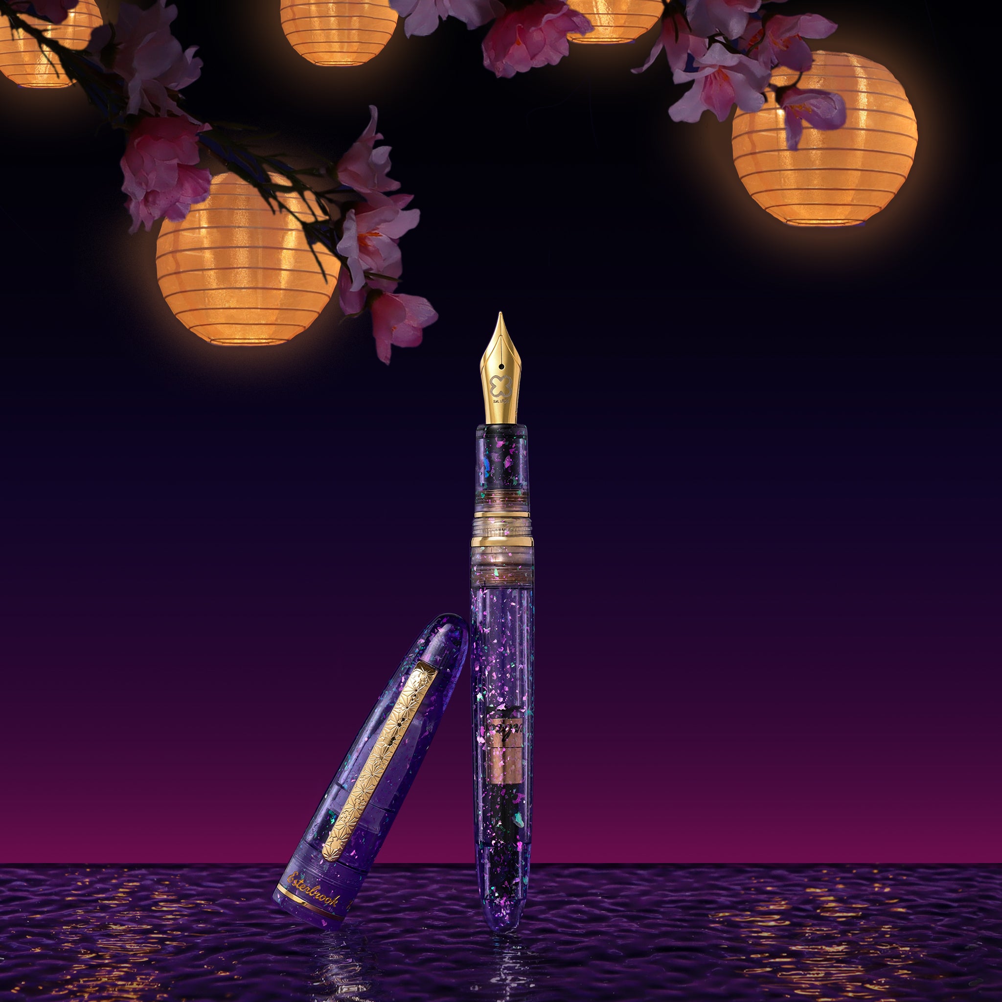 Sakura Street Estie fountain pen by Esterbrook x Sakuradragon — detail of the purple sparkle translucent body and custom etched clip