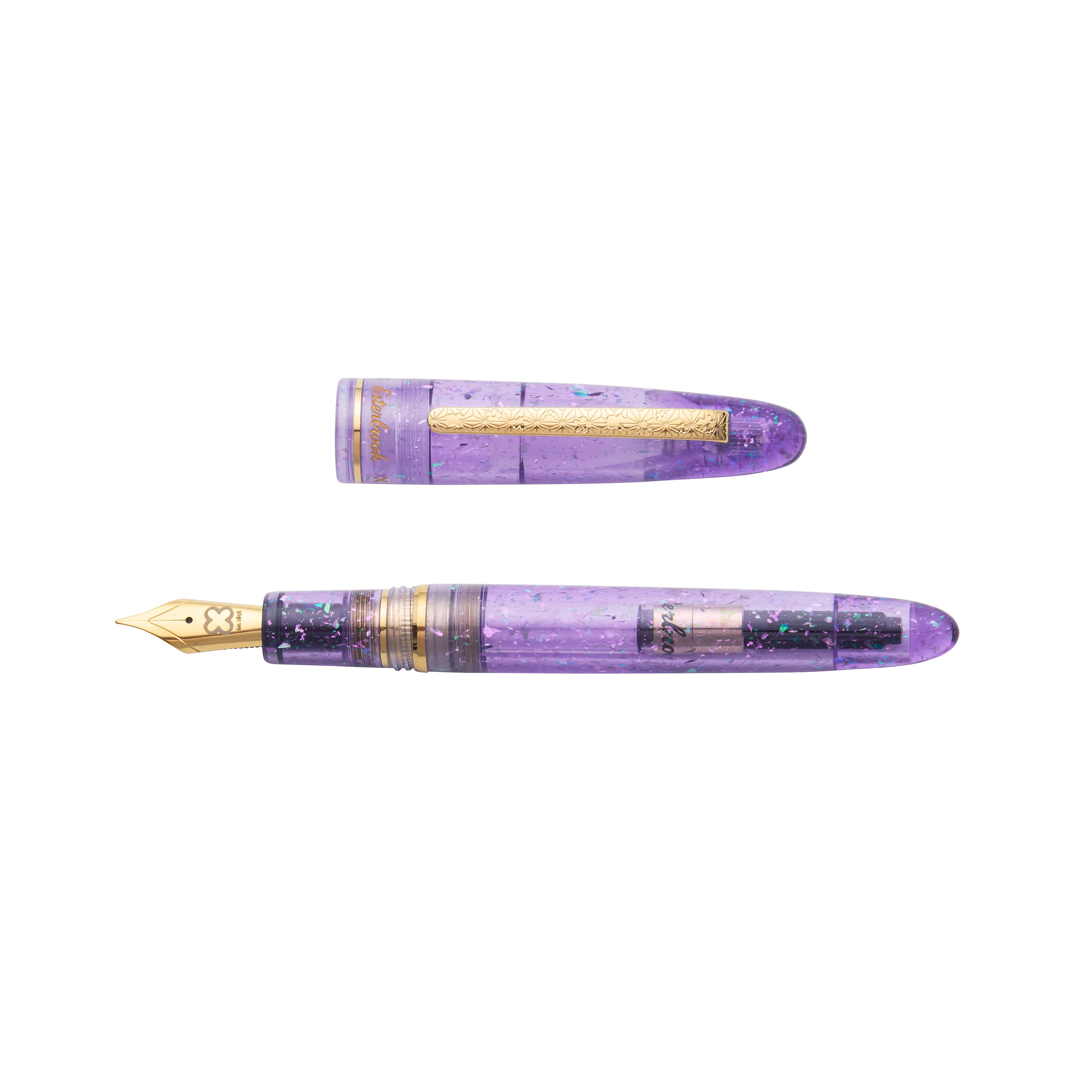 Esterbrook x Sakuradragon Sakura Street Estie fountain pen uncapped, cap and barrel laid side by side showing nib detail