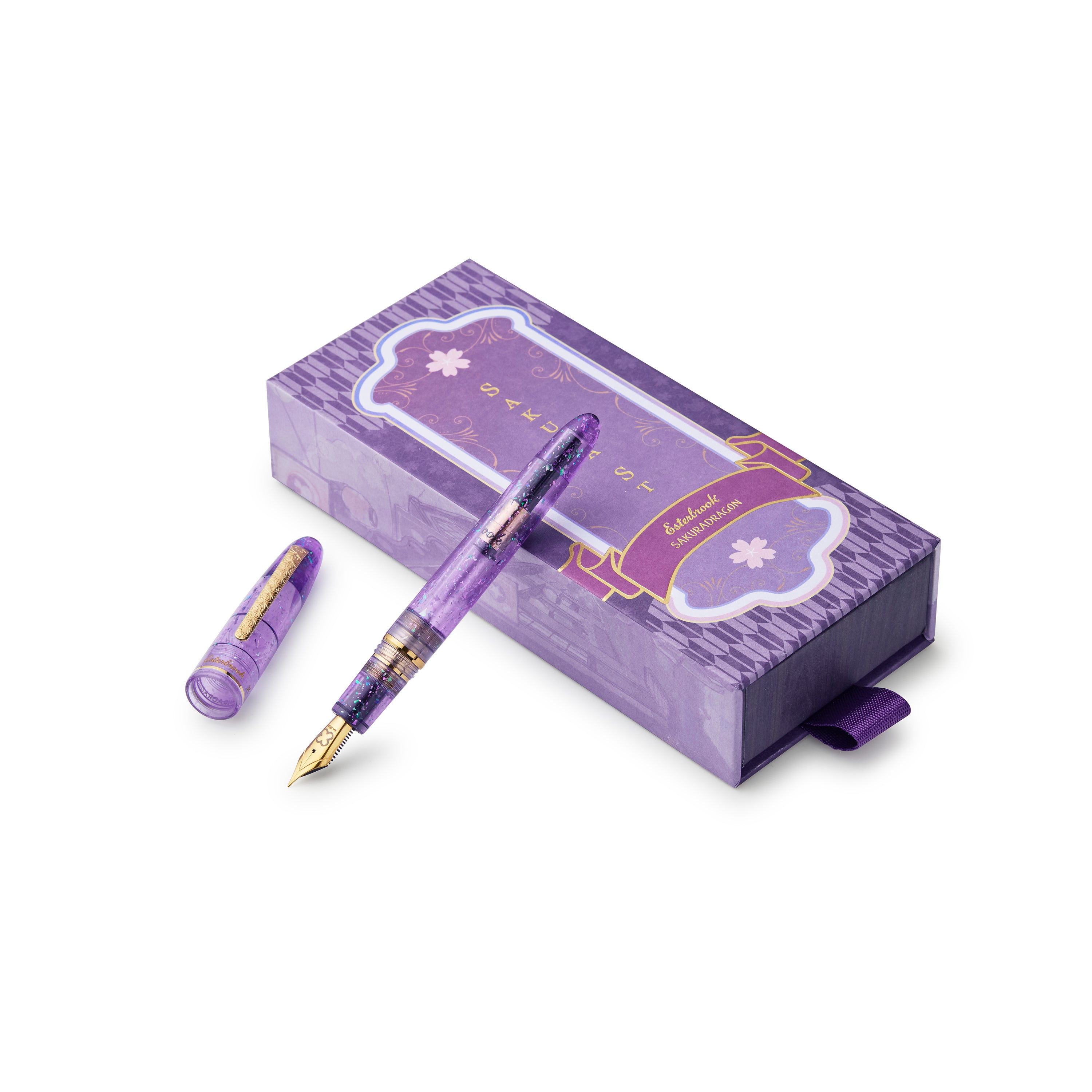 Esterbrook x Sakuradragon Sakura Street Estie fountain pen resting on its Sakura Street branded presentation box