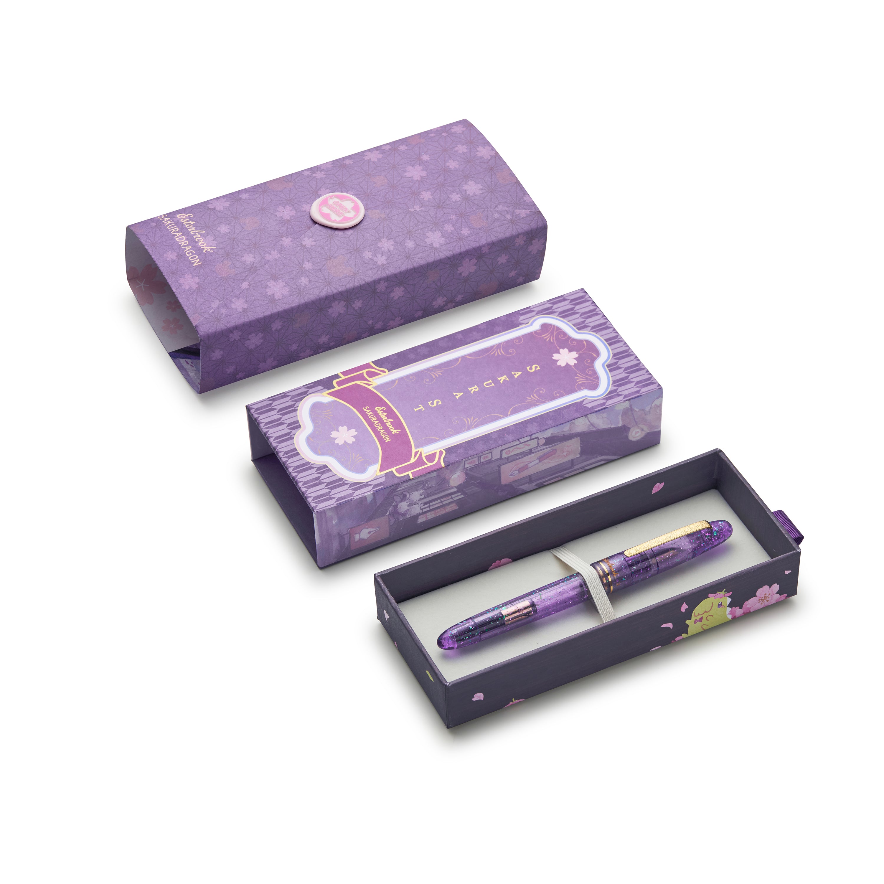 Esterbrook x Sakuradragon Sakura Street Estie fountain pen displayed in open Japanese-style wrapped presentation box