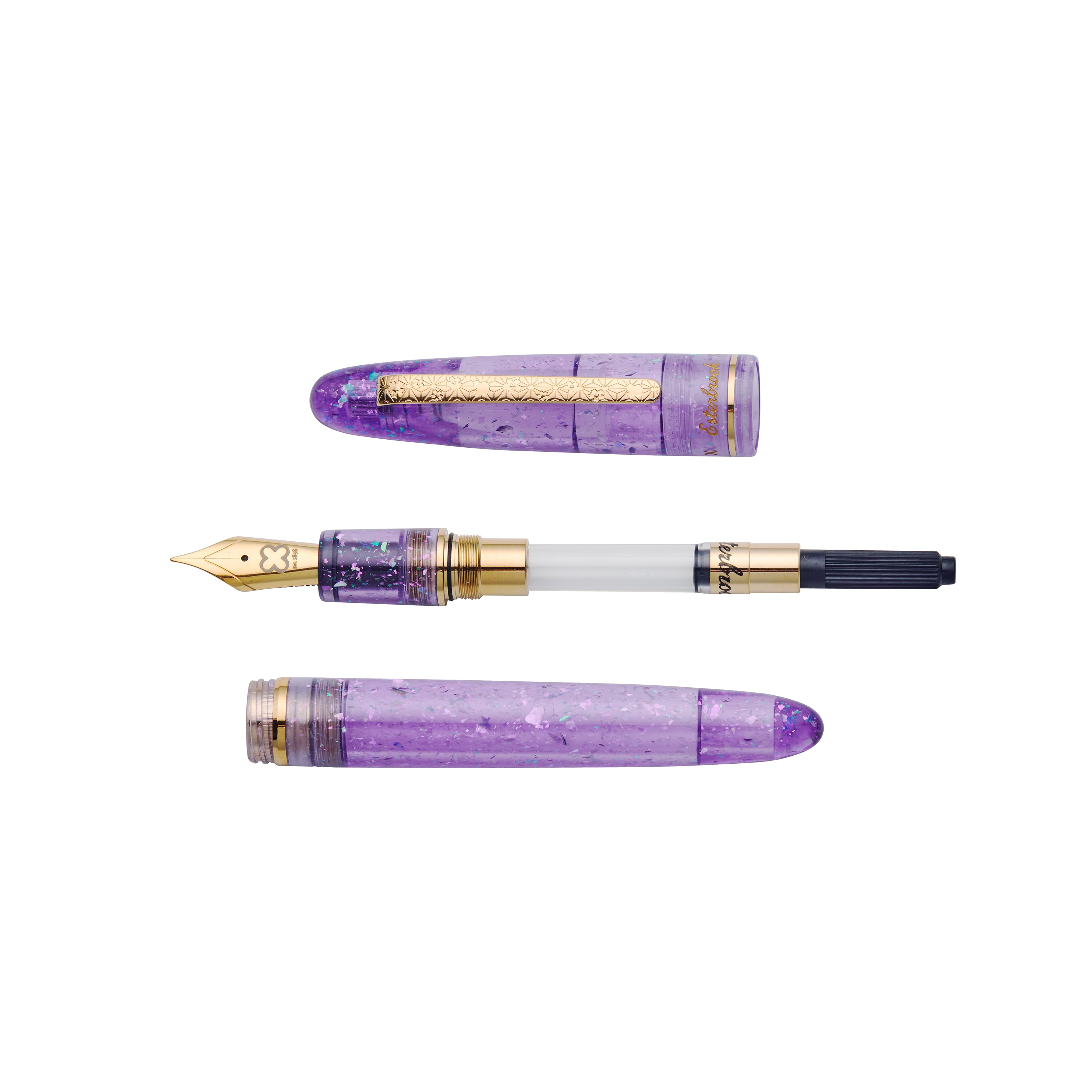 Esterbrook x Sakuradragon Sakura Street Estie fountain pen disassembled, showing cap, nib section, and barrel separately