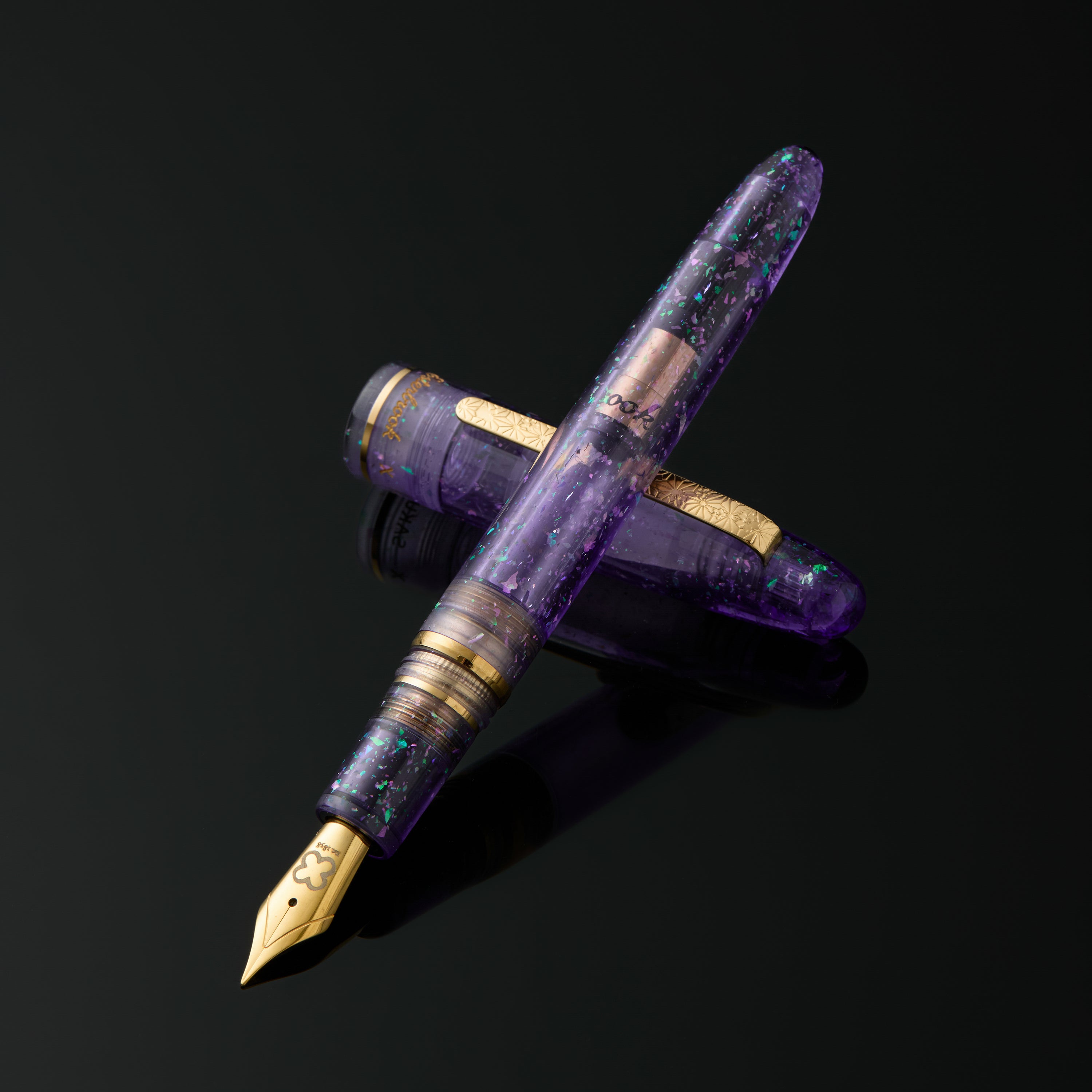 Esterbrook x Sakuradragon Sakura Street Estie fountain pen, capped, angled view on dark background showing purple sparkle body and gold trim