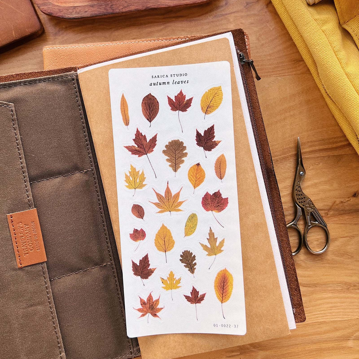Sarica Studio Autumn Leaves clear matte sticker sheet with real dried leaves in red, orange, gold and brown