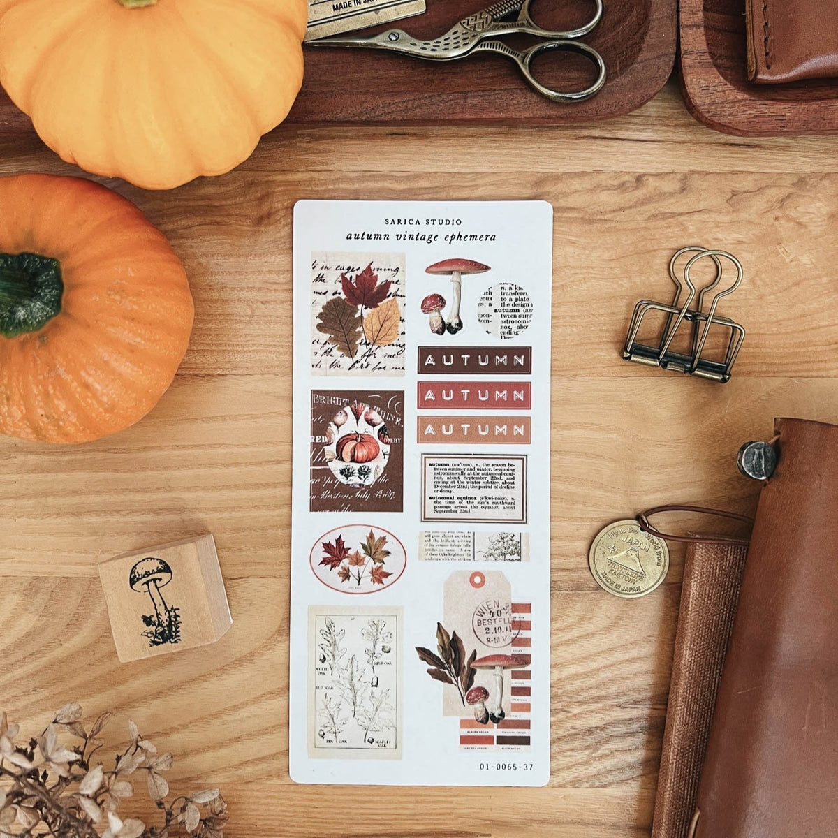 Sarica Studio Autumn Vintage Ephemera clear matte sticker sheet with vintage autumn prints in rust, cream and brown