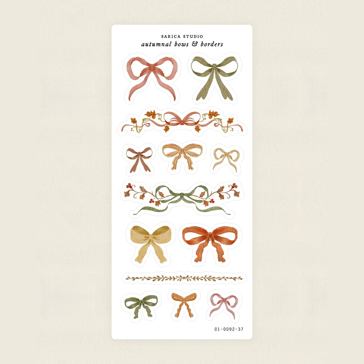 Sarica Studio Autumnal Bows & Borders sticker sheet, clear matte stickers of bows and borders in red, gold and olive green