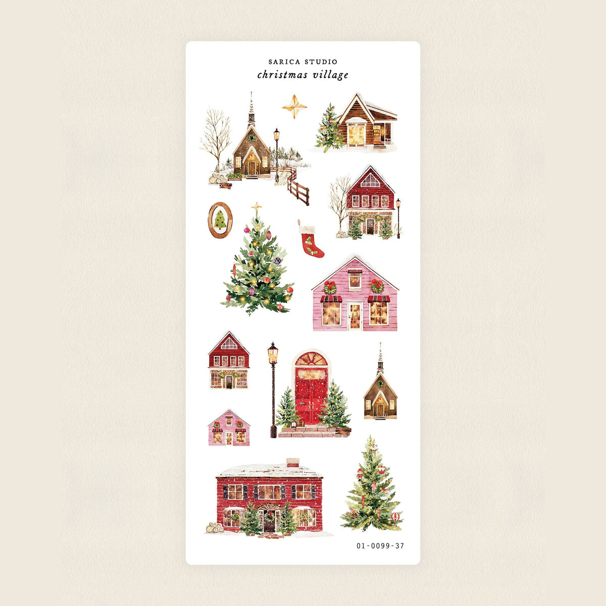 Sarica Studio Christmas Village sticker sheet, clear matte stickers of little houses and trees decorated for the holidays