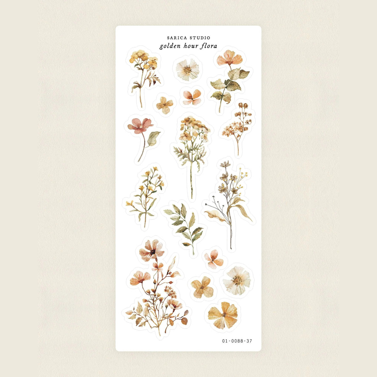 Sarica Studio Golden Hour Flora sticker sheet, clear matte stickers of warm peach, gold and pink flowers